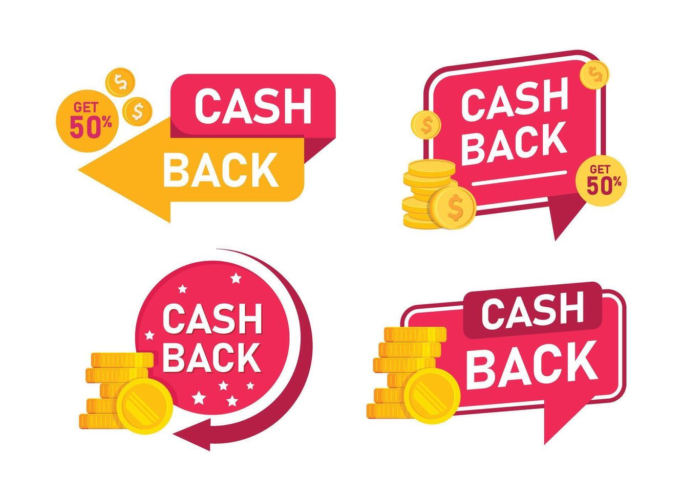 Cashback icons set in flat style. Money back label illustration on isolated background. Cash back poster sign business concept. vector