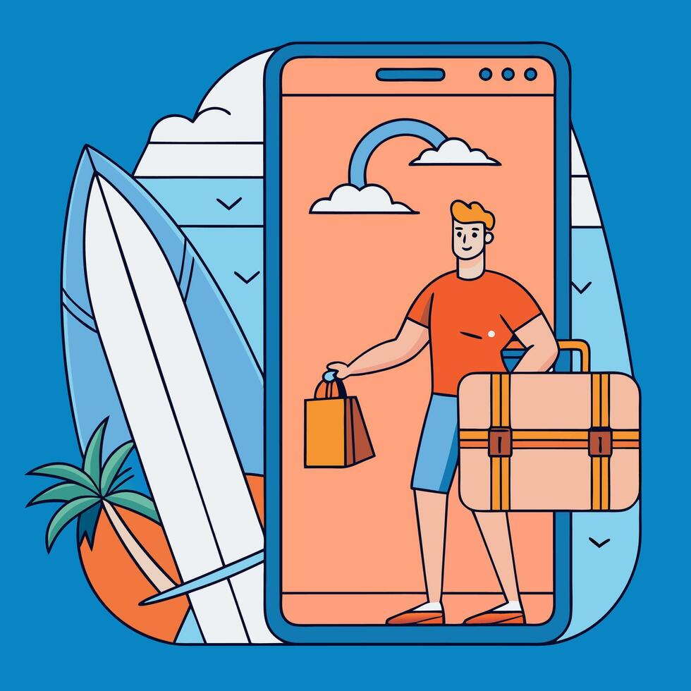 Mobile and Boy with bag Illustrator. Boy with Surfboard, bag and mobile with coconut tree and rainbow Illustration vector