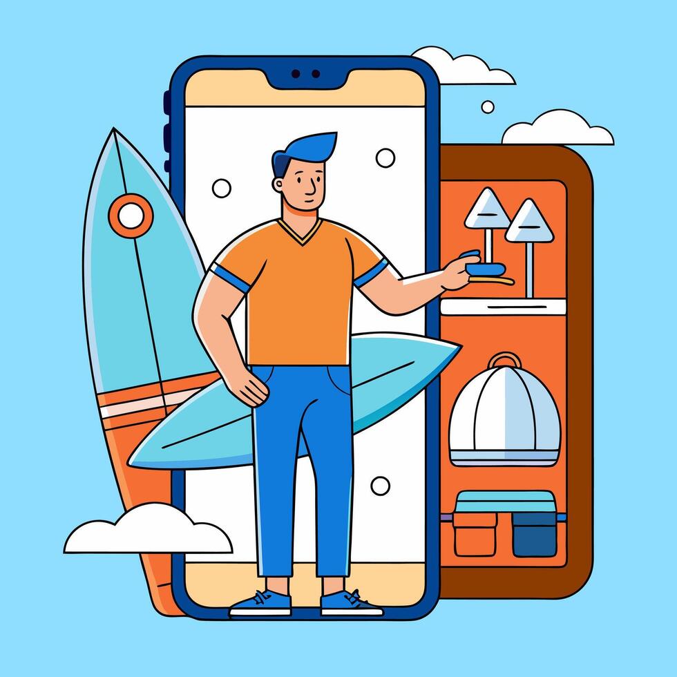 Mobile and Boy Illustrator. Boy with Surfboard and mobiles with elements Illustration vector
