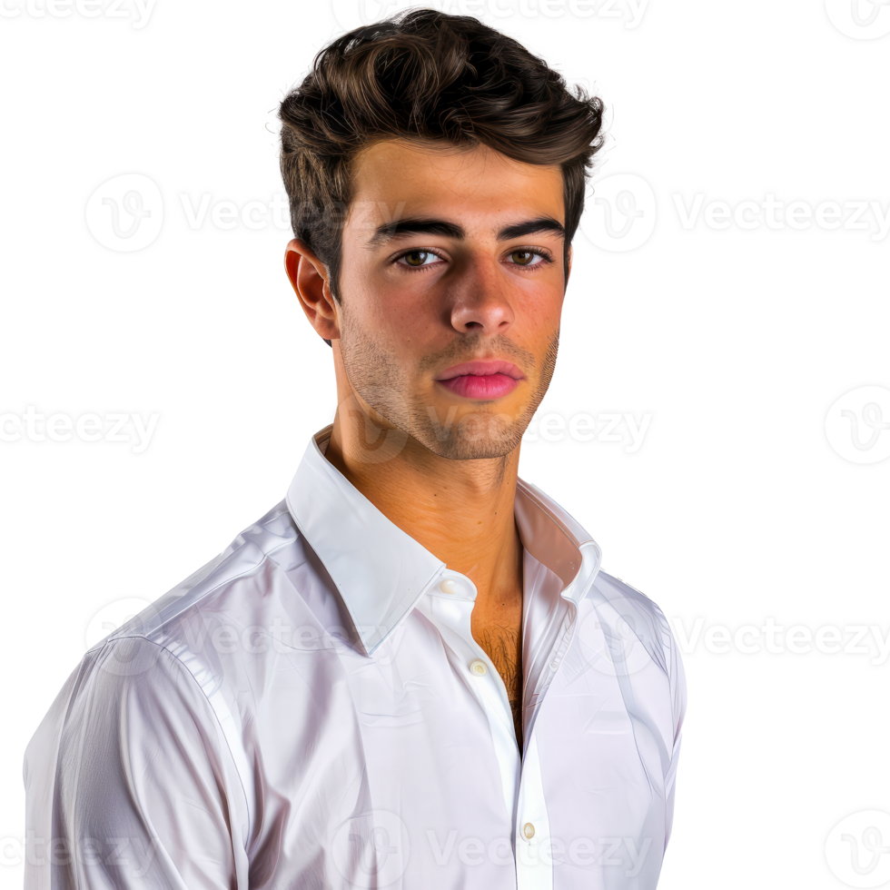 Handsome young man in a crisp white shirt with a confident expression and modern hairstyle, cut out transparent png