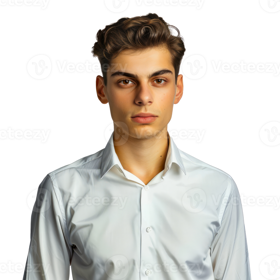Portrait of a Young Man in a White Shirt with Serious Expression, cut out transparent png