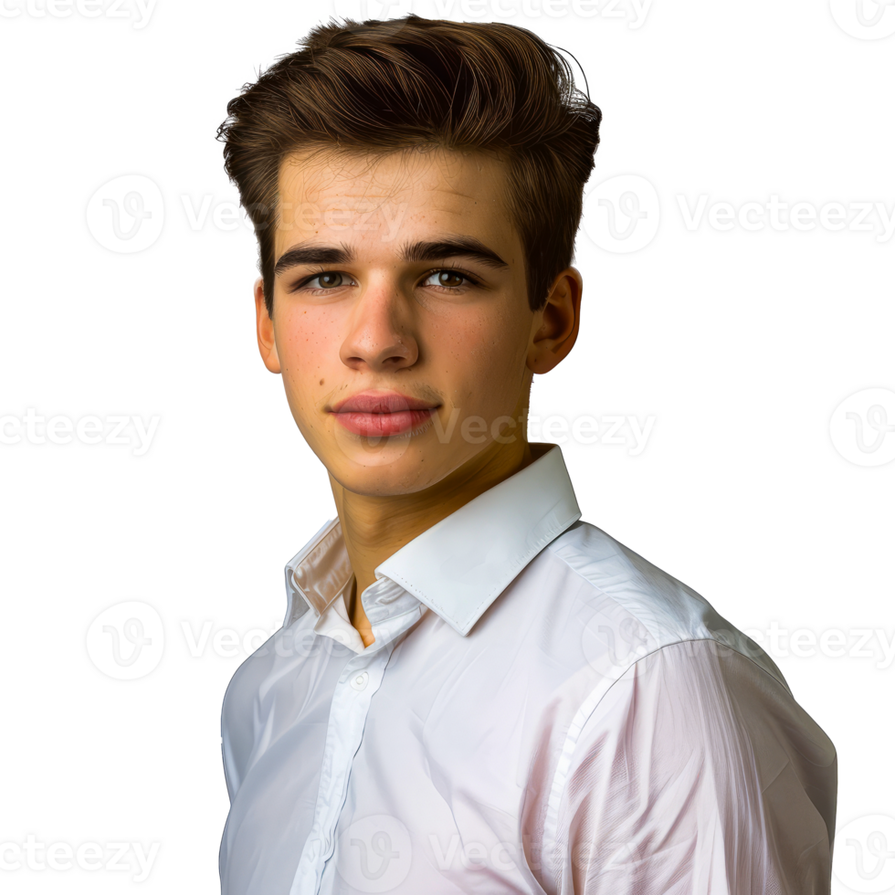 Young handsome man in white shirt, professional studio portrait with neutral background, serious expression, cut out transparent png