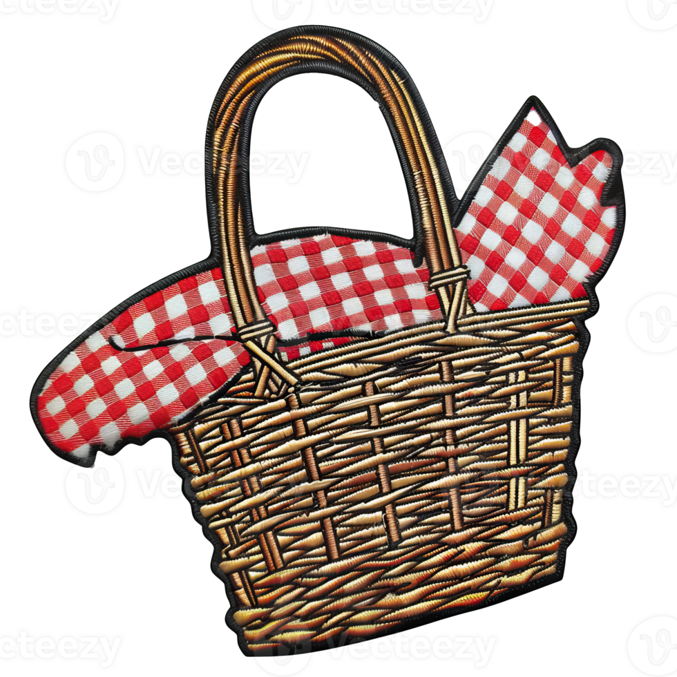 Vintage Picnic Basket with Red Checkered Cloth and Rope Handle - Detailed Illustration, cut out transparent png
