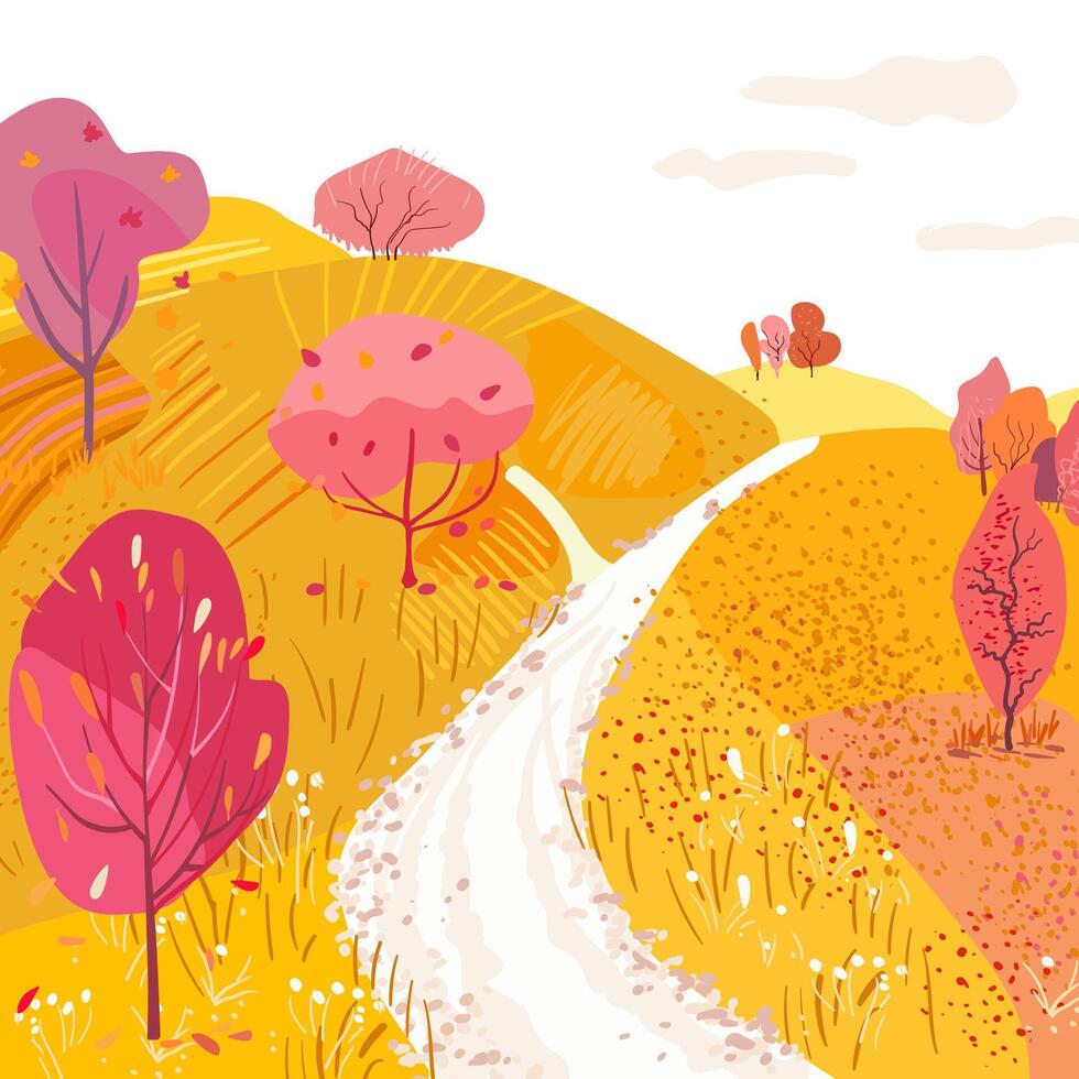 Autumn poster with a path and yellow fields on a hill. Hand drawn . vector