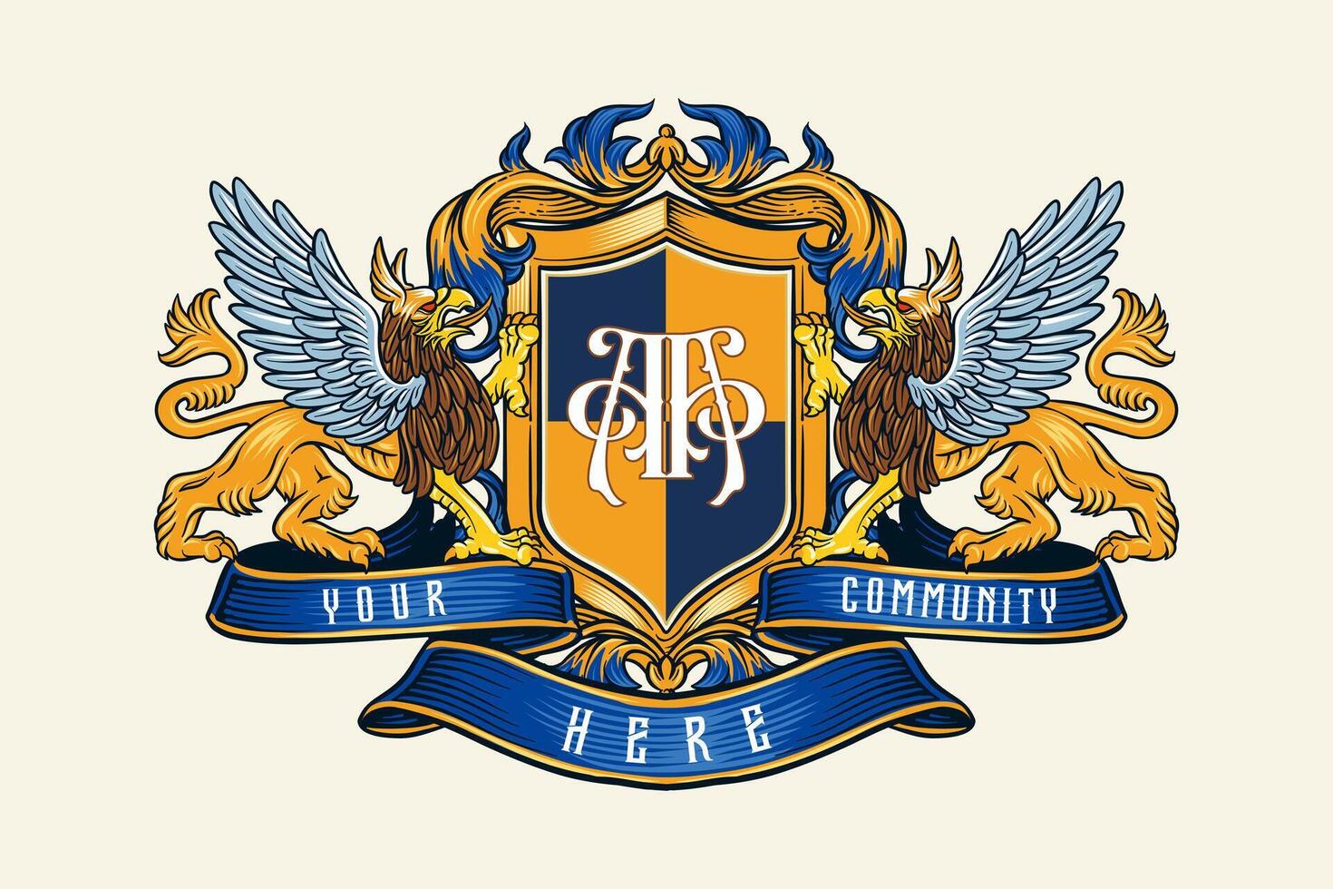 colored griffin crest logo illustration in vintage style vector