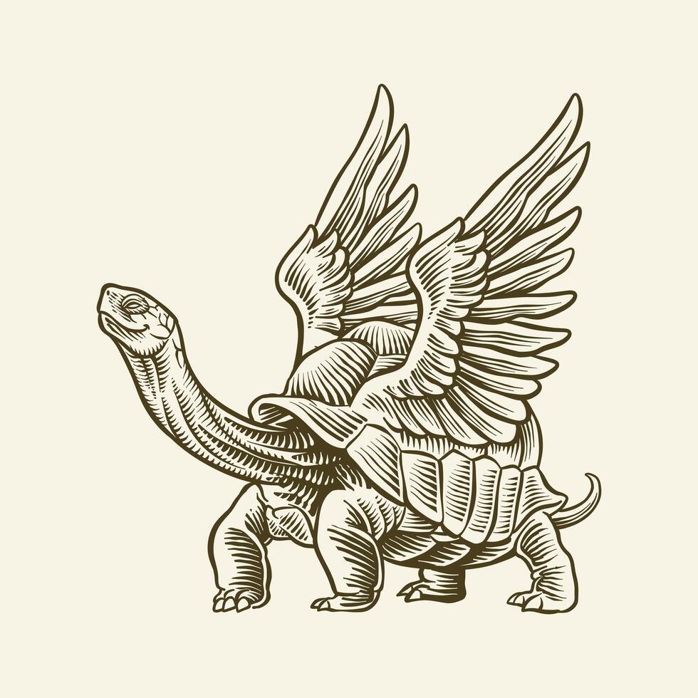 hand drawn winged turtle illustration vector