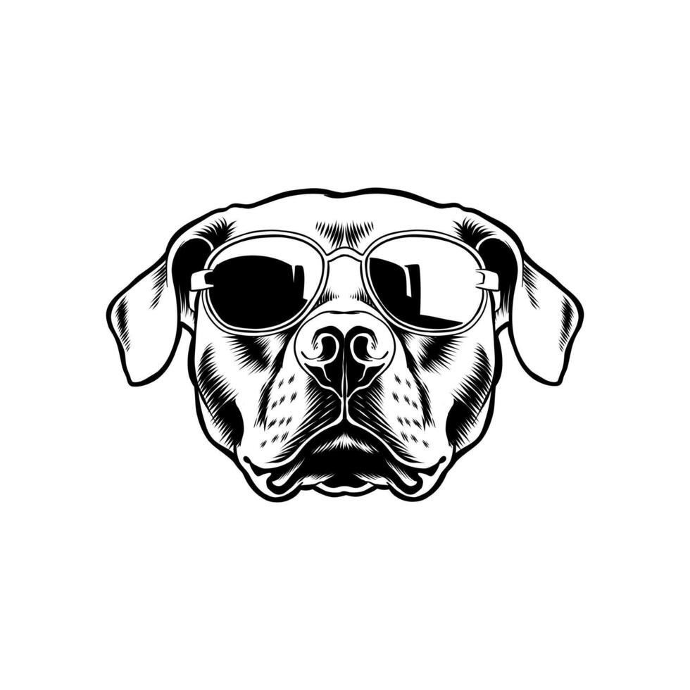 black and white illustration of a dog's head wearing cool glasses vector