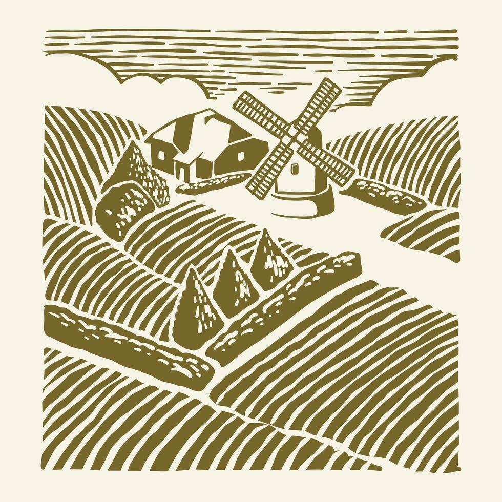 illustration of a farm with a windmill in the middle, in engraving style vector
