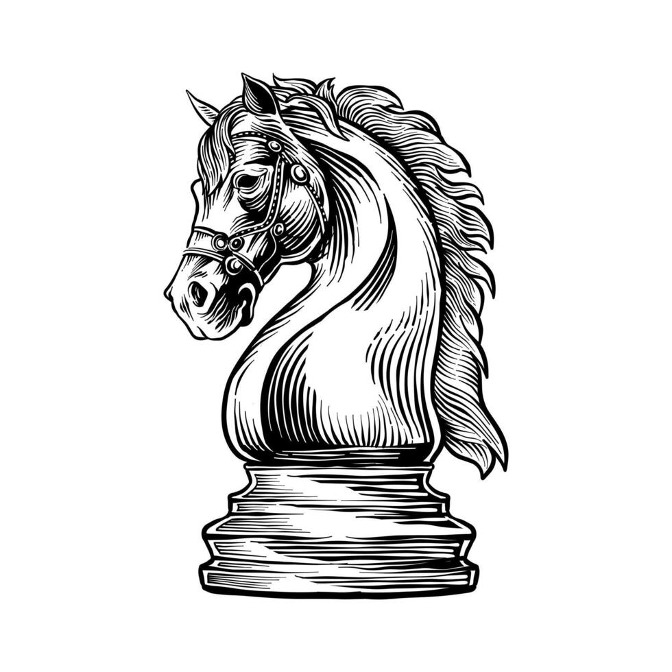 illustration of a black and white chess horse in an engraving style vector