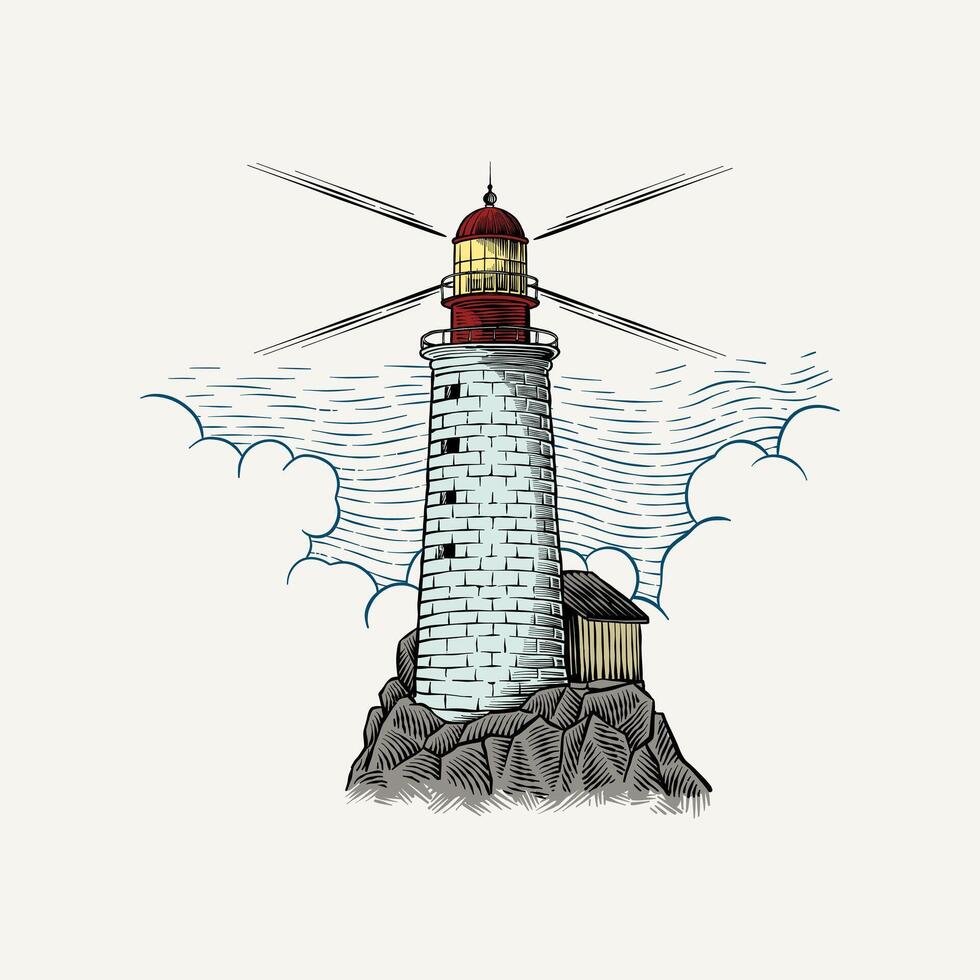 colored isolated lighthouse illustration in engraving style vector