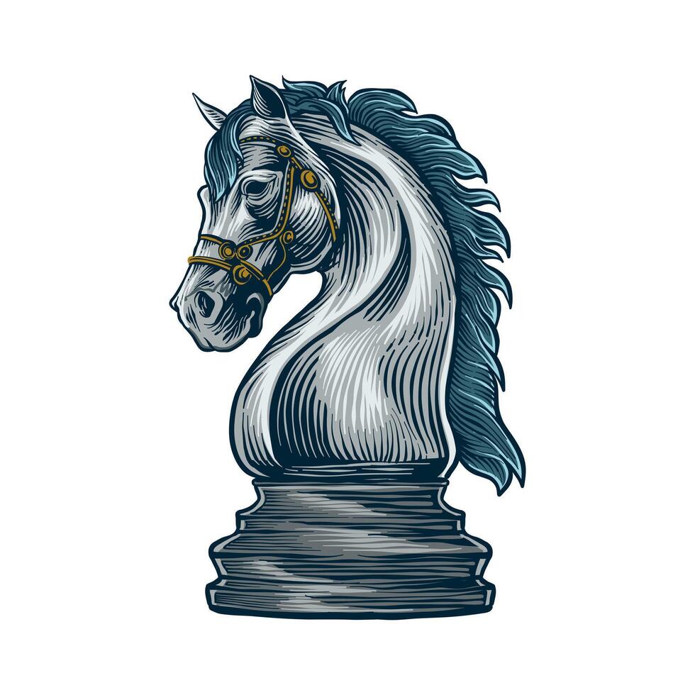 colored chess horse illustration in engraving style vector