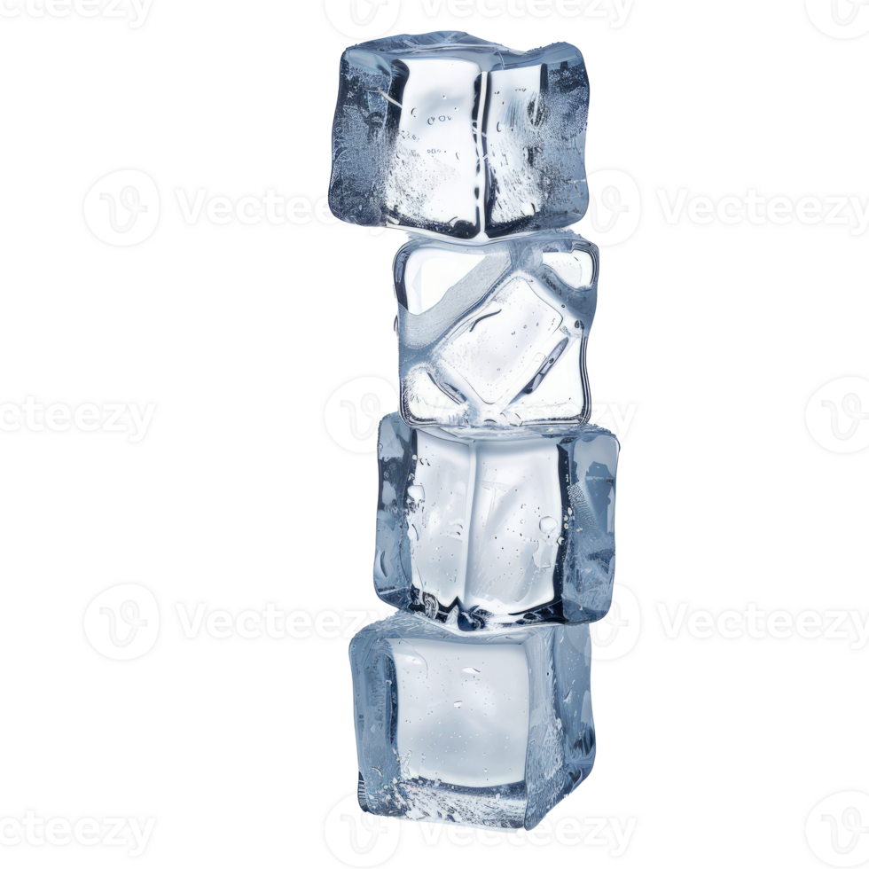 Stack of Four Clear Ice Cubes cut out on transparent background png