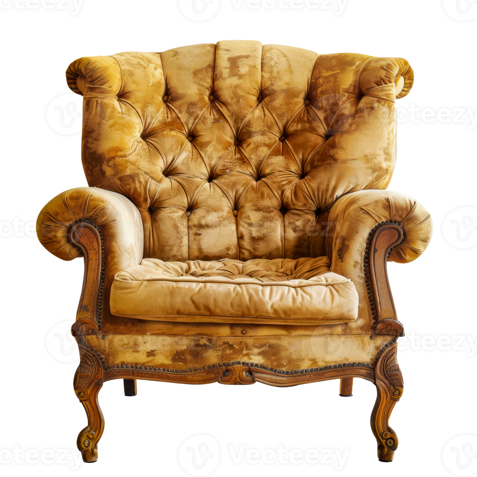 Vintage Luxurious Gold Velvet Armchair with Elegant Carved Wood Details cut out on transparent background png