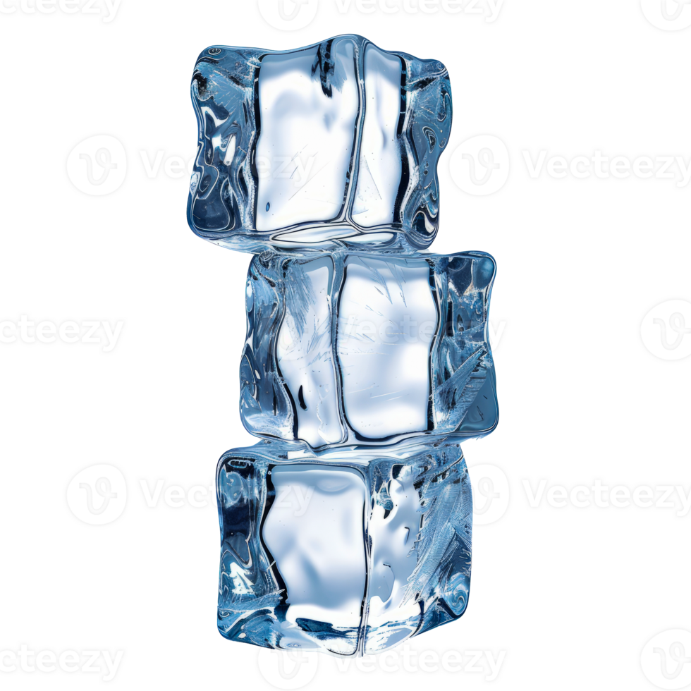 Detailed close-up of three crystal-clear ice cubes stacked in a vertical arrangement cut out on transparent background png