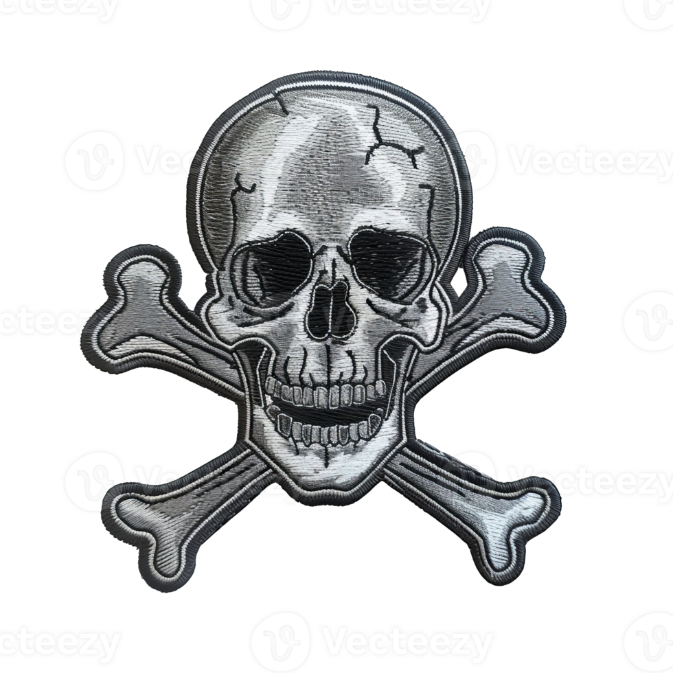 Detailed Skull and Crossbones Embroidered Patch with Realistic Stitching and Textured Design cut out on transparent background png