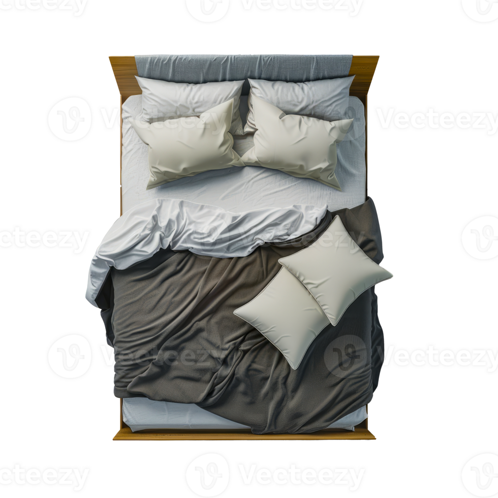 Cozy and Comfortable Bed with Fluffy Pillows and Soft Blanket, Top View cut out on transparent background png
