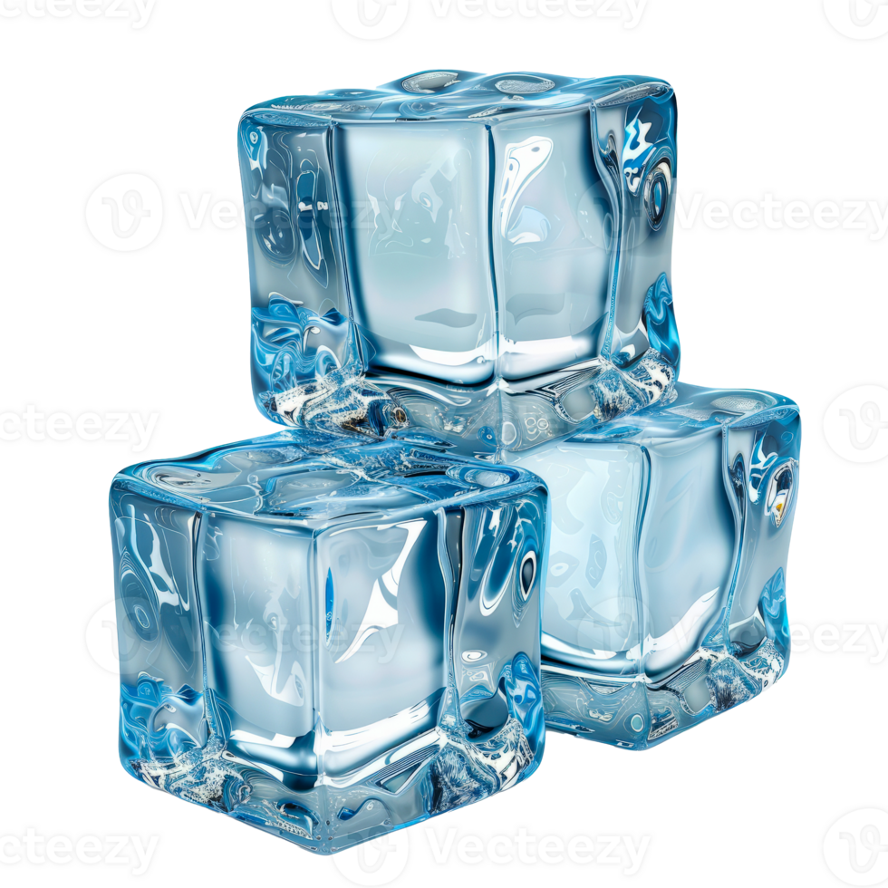 Three Perfectly Clear Ice Cubes Stacked on Each Other with Stunning Reflections and Smooth Surfaces cut out on transparent background png
