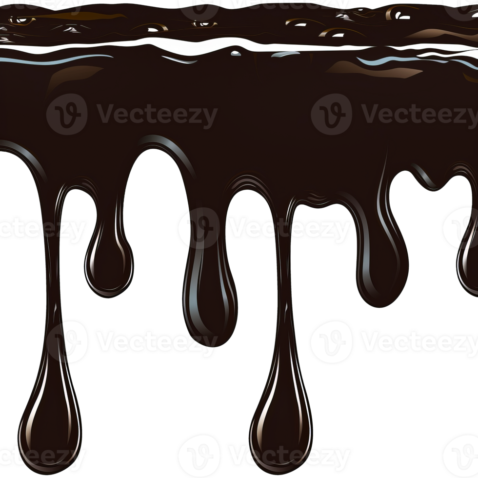Realistic dark chocolate dripping effect with shiny reflections cut out on transparent background png