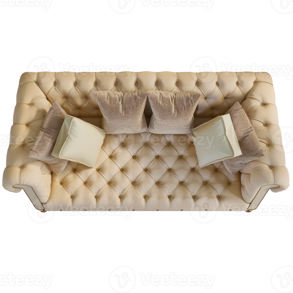 Luxurious beige tufted sofa with elegant cushions, top view cut out on transparent background png