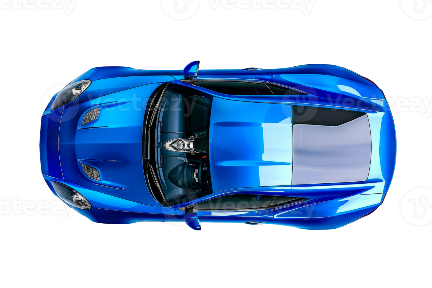 Top view of a sleek blue sports car showcasing its aerodynamic design and luxurious features, emphasizing high-performance and modern automotive engineering cut out on transparent background png