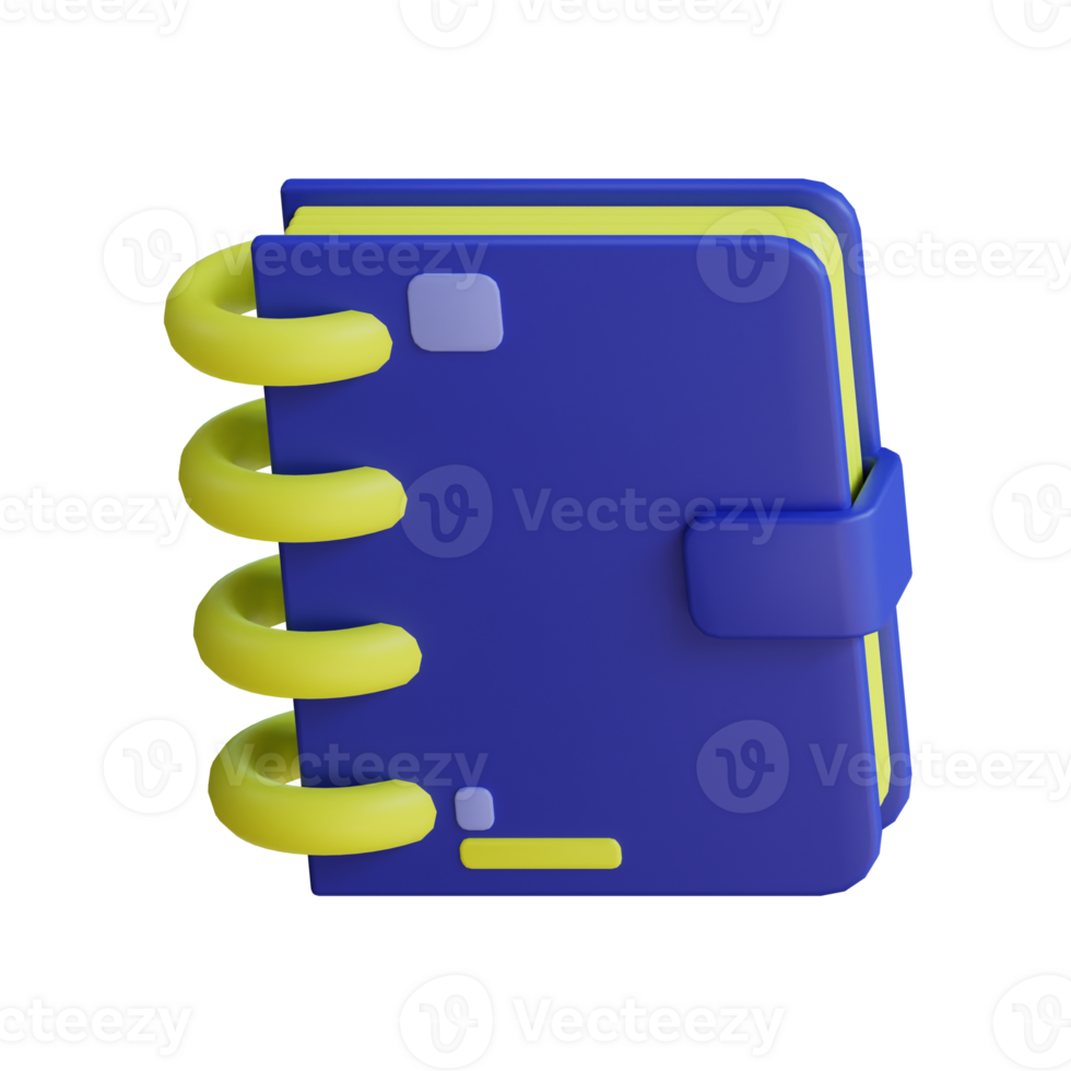 3D illustration of a blue spiral notebook with yellow rings, isolated on a transparent background. png