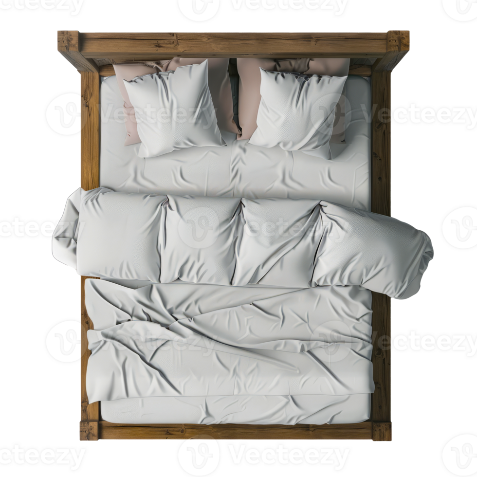Top View of Cozy Bed with Crumpled White Sheets and Wooden Frame for Interior Design and Bedroom Decoration Concepts cut out on transparent background png
