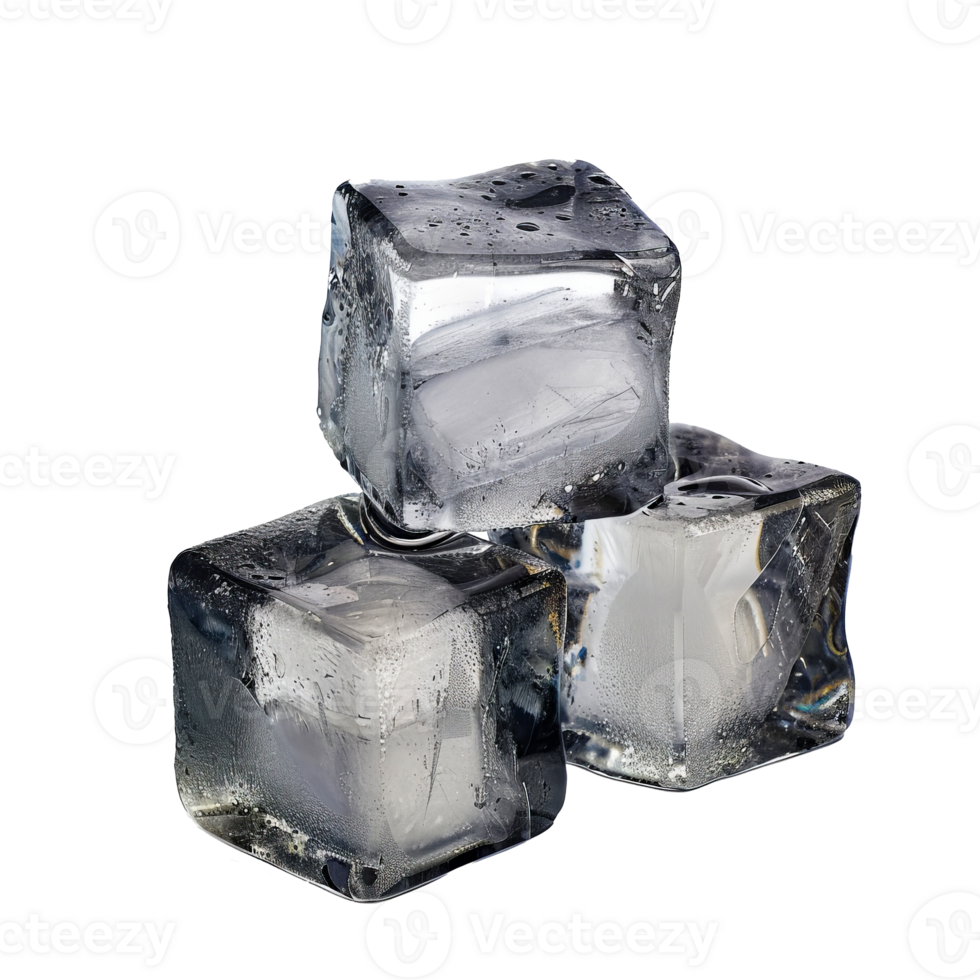 Close-Up of Three Clear Ice Cubes with Water Droplets cut out on transparent background png
