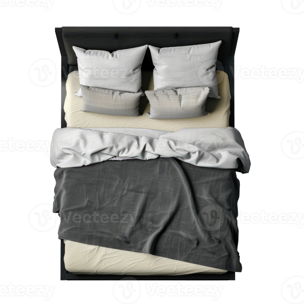 Top view of modern bed with crumpled bedding and pillows in gray tones cut out on transparent background png
