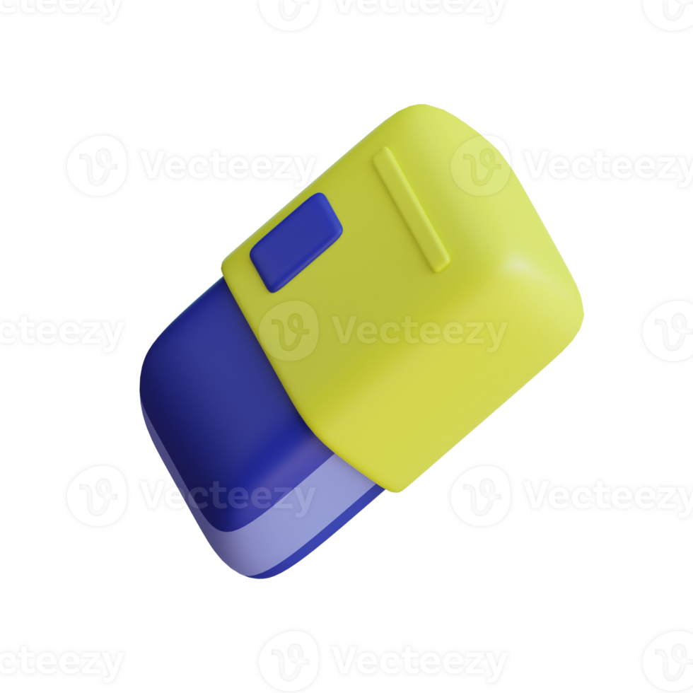 Yellow and blue Eraser 3d icon. Stationery tool for erasing a pencil. Isolated object on transparent background png