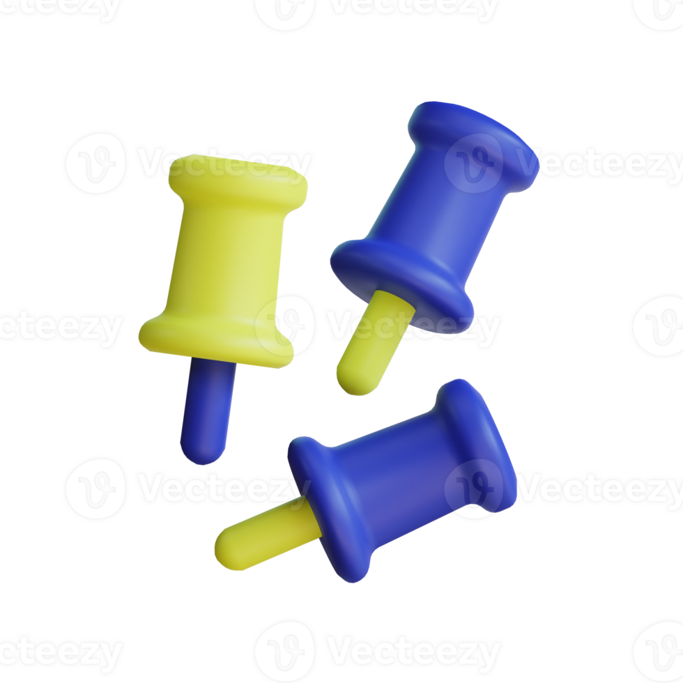3D illustration of multiple yellow and blue push pins isolated on a transparent background. png