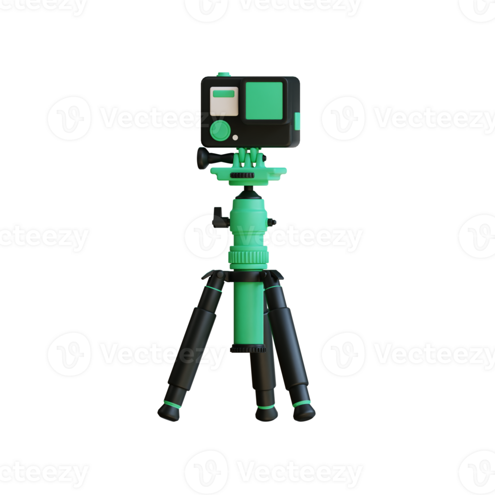A green and black action camera mounted on a tripod. png