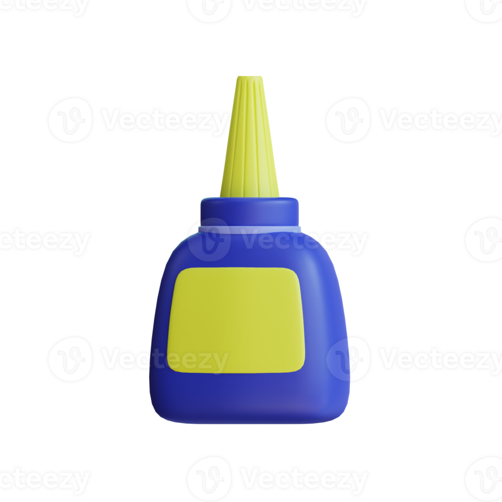 3D illustration of a blue glue bottle with a yellow label, isolated on a transparent background. png