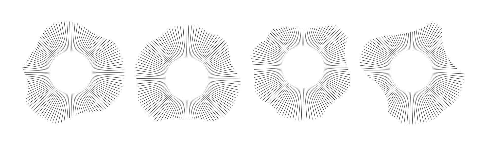 Radial sound wave concentric audio rhythm line dynamic set. Radial signal or vibration elements. Depicting audio music vector