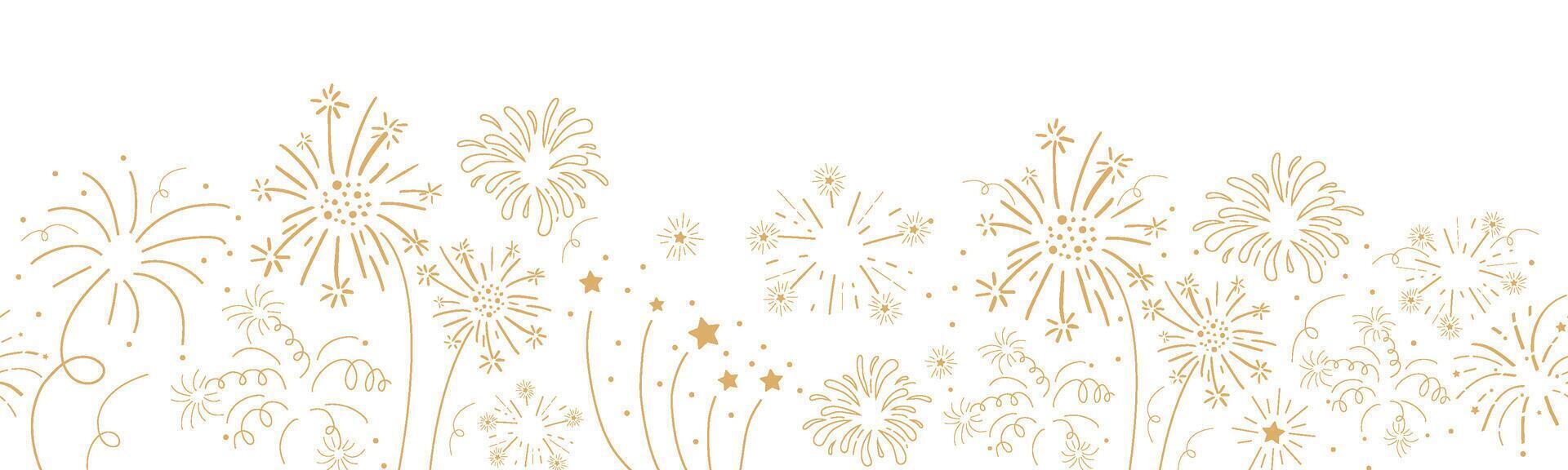 Fireworks festive explosion golden bursts, sparks in doodle style seamless pattern border. Holiday celebration decoration. vector