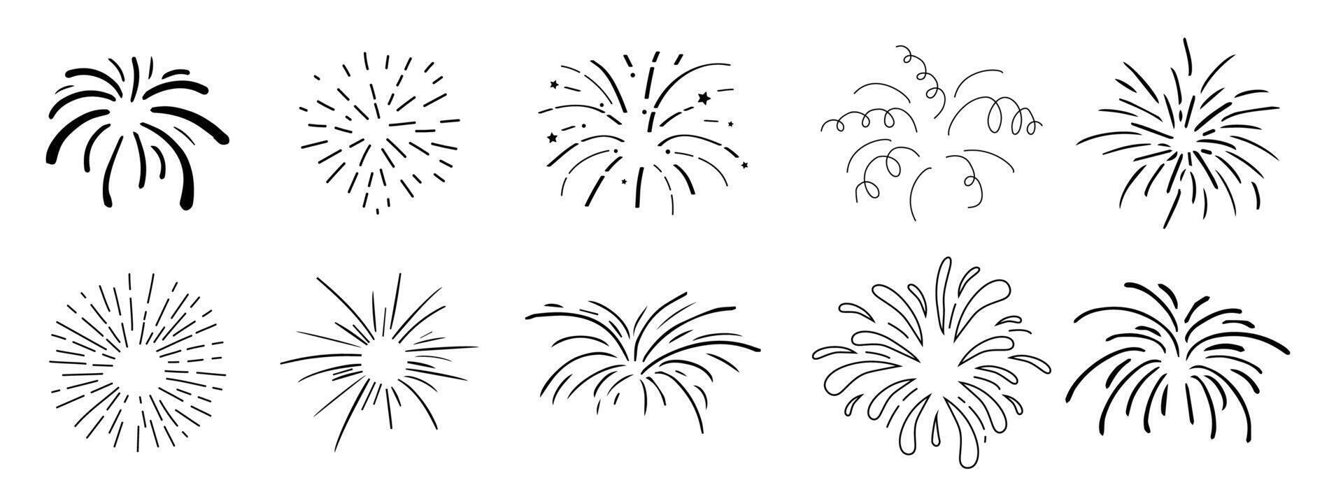 Set fireworks doodle line explosion radial sparkler with rays, hand drawn firecrackers simple and round decoration isolated on white background. vector