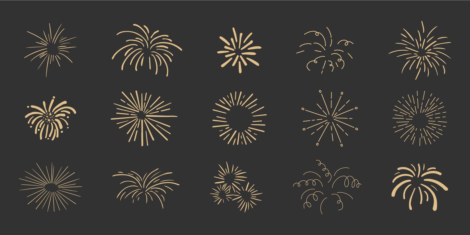 Set gold fireworks, firecrackers golden burst, rays festive doodle sparkle lights isolated on dark background.Celebration, Party Icon, Anniversary, New Year Eve, independence vector