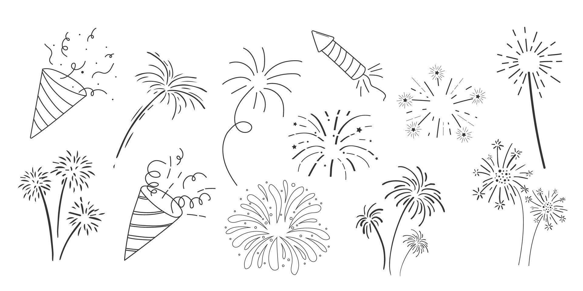 Fireworks and rocket, salute with burst, light and festive explosions in doodle style. Hand drawn sparks, firecracker on white background. Party, celebrations, event. vector