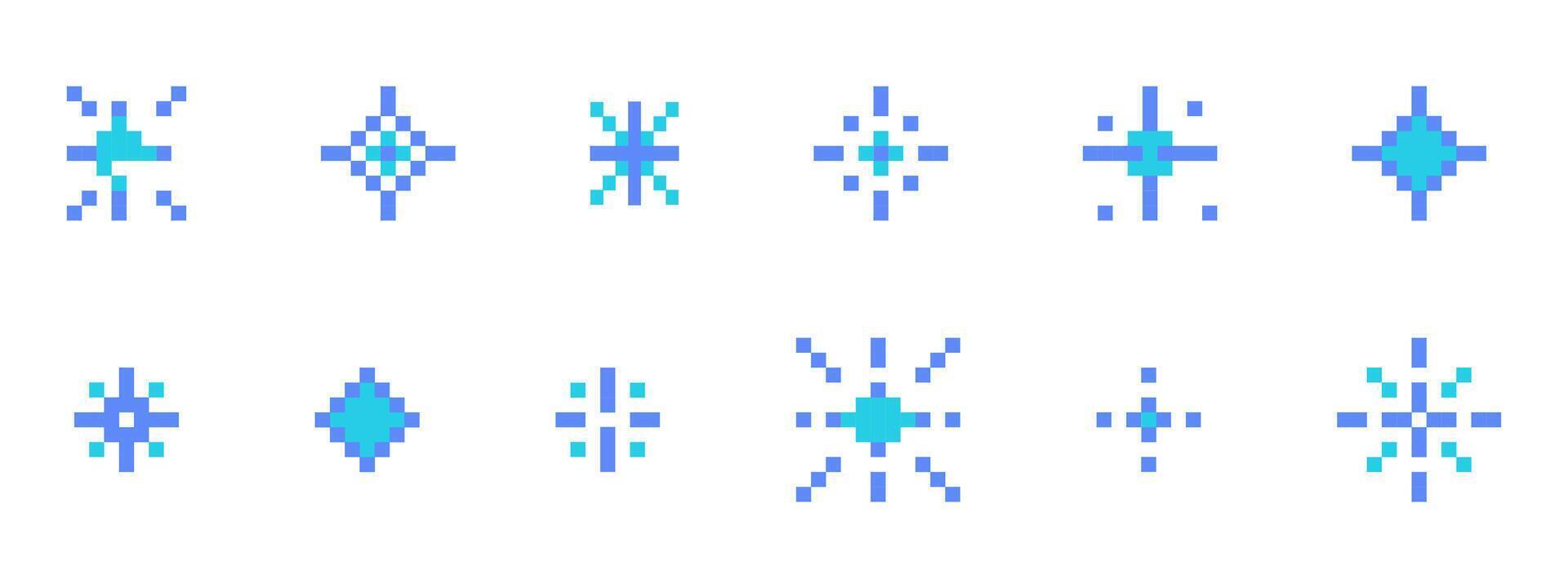 Pixel snowflake or star retro 8 bit sparkle set. Shiny winter game pixel art effect set. Firework burst, ice, space decoration. 90s aesthetics, y2k vector