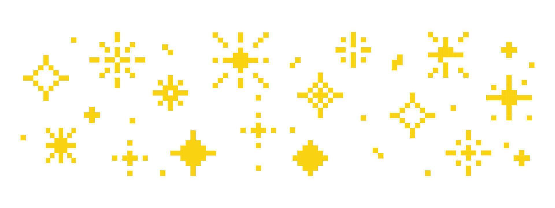 Pixel star retro 8 bit sparkle border seamless frame. Shiny game pixel art effect set. Firework burst, space decoration. 90s aesthetics, y2k vector
