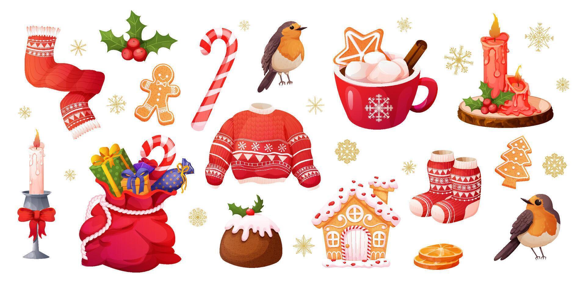 Set Traditional Pudding, Christmas cake, gingerbread cookies, cup with hot chocolate,winter dessert, pastry with cream, candle, garland winter sweater vector