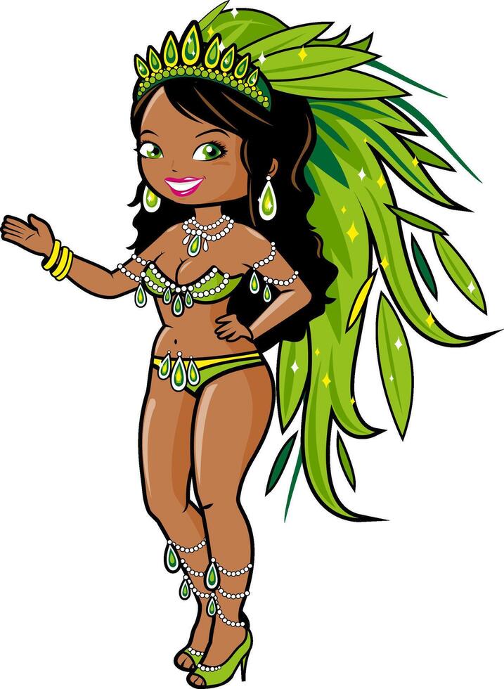 Cartoon show girl with Brazilian style carnival costume. A beautiful carnival dancer in a costume with green feathers. vector
