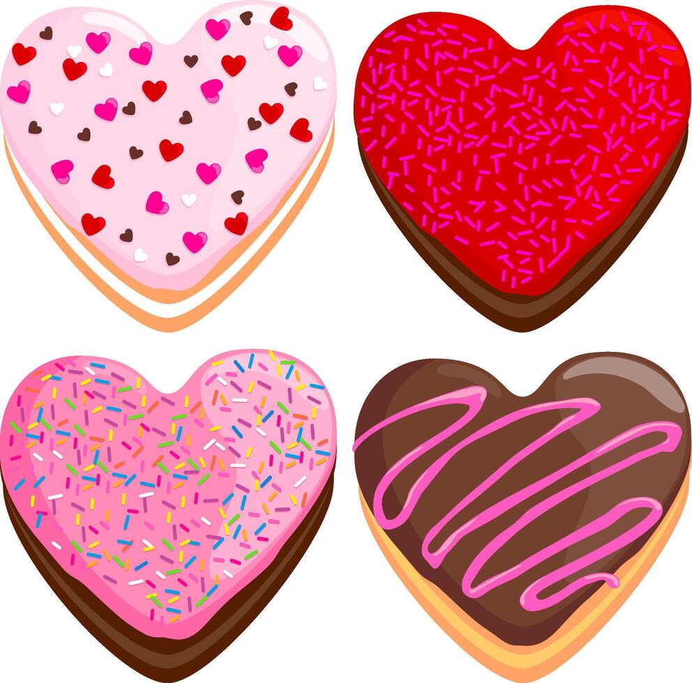 Collection of heart shaped donuts cake desserts. Set of glazed donuts with sprinkles and strawberry chocolate cream icing. vector