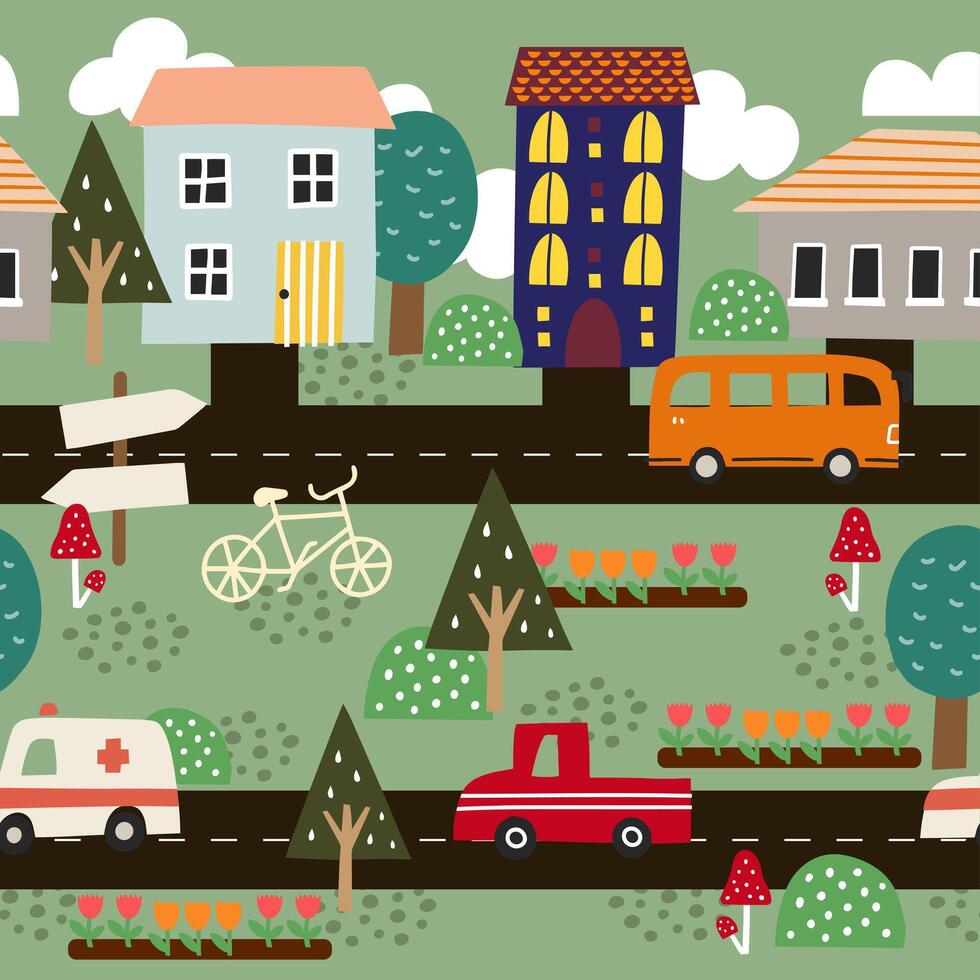 seamles pattern of a city with house and tree vector