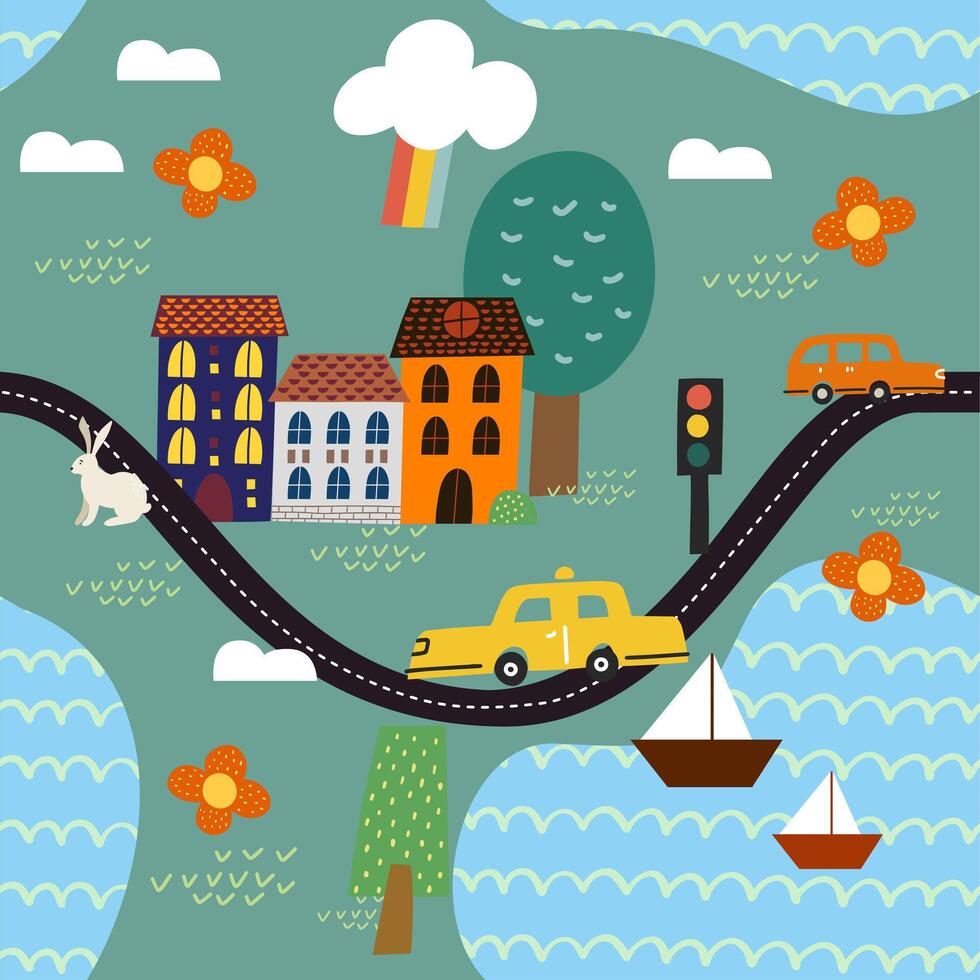 seamless pattern of a city with road and lake vector