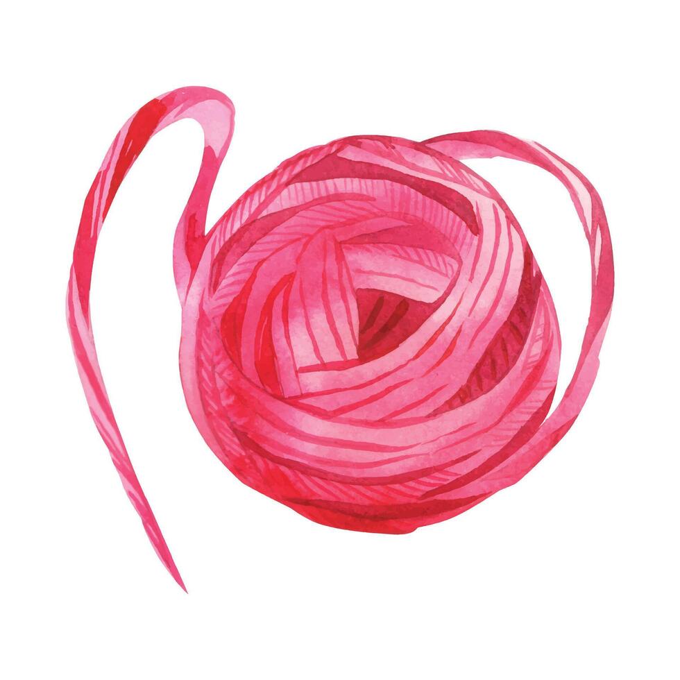 Ball of pink threads, wool hand-drawn with watercolors on a white background. Watercolor illustration. Suitable for printing on fabric, paper, for postcards, product packaging vector
