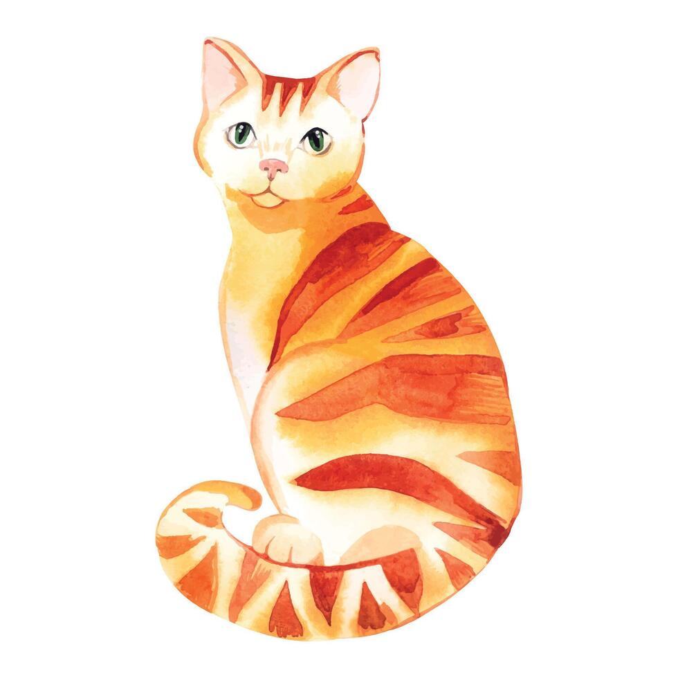 Red tabby cat with green eyes, pet, friend drawn in watercolor. Watercolor illustration. Suitable for printing on fabric, paper, for packaging of goods for animals vector