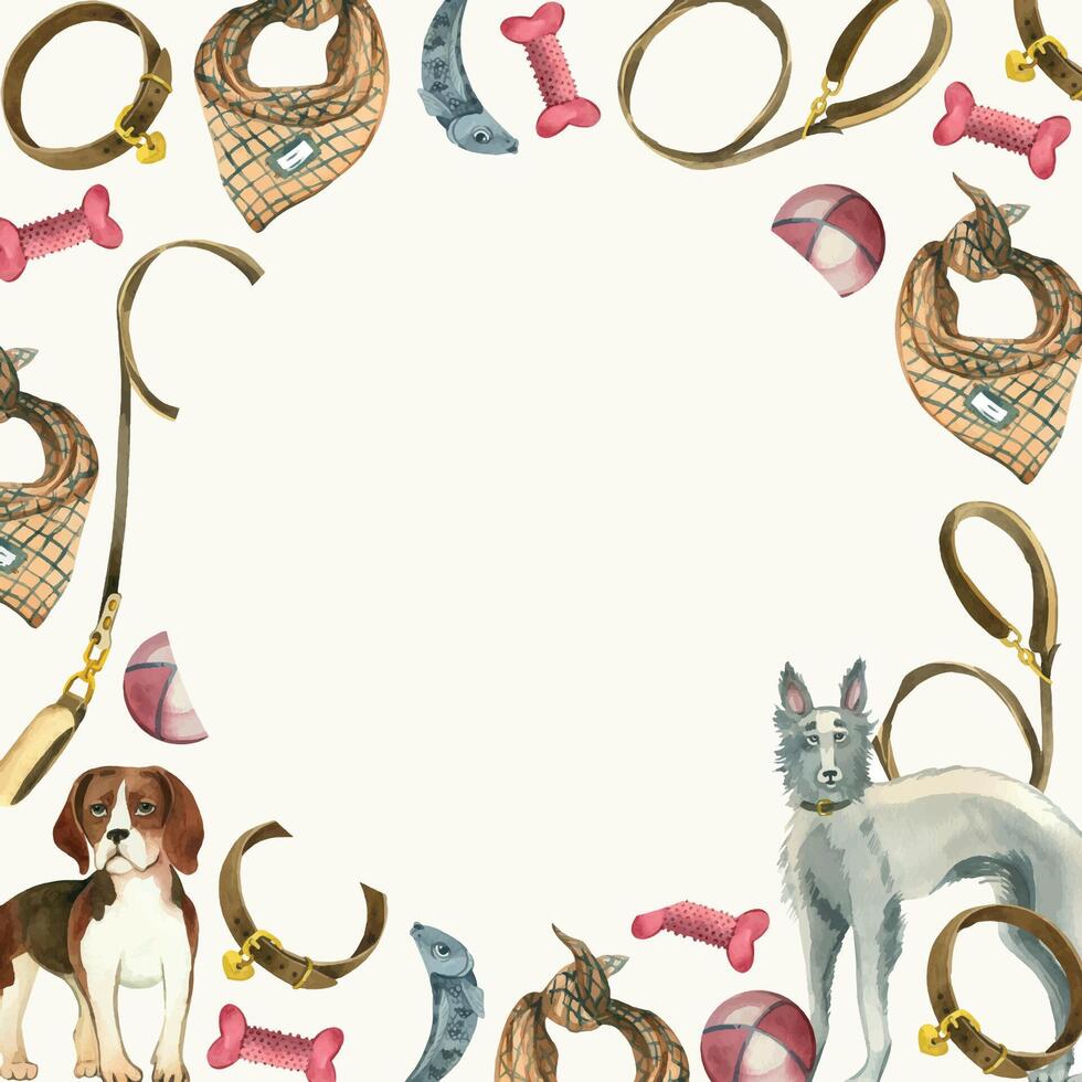 Round frame. Pet accessories, bones, balls, dog collars and leashes, dog scarves, beagle and greyhound. All items are hand painted with watercolors. For printing on paper, fabric vector