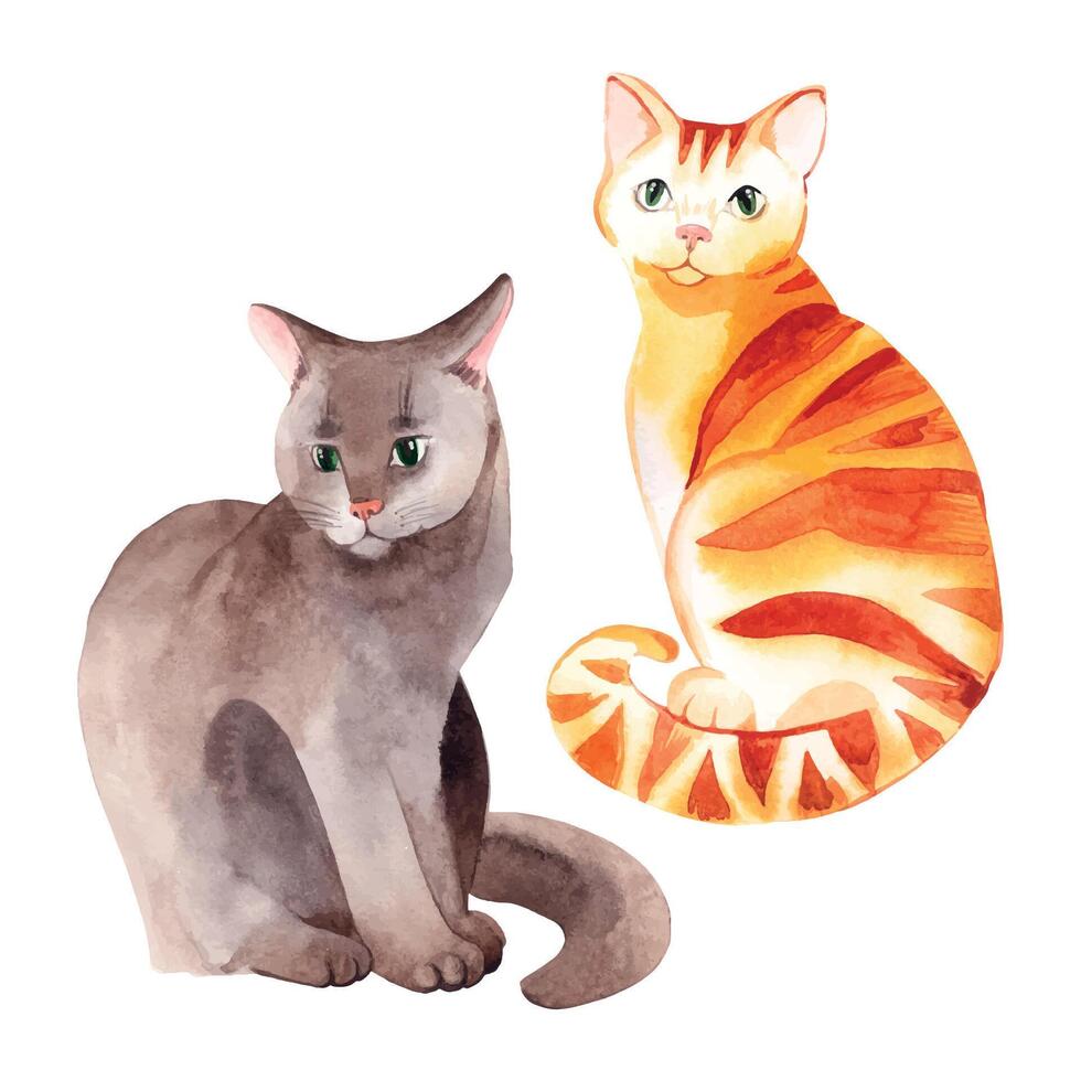 Set of watercolor illustrations. Cute cats, gray cat and striped ginger cat, all objects hand-drawn with watercolor. Suitable for printing on fabric, paper, for cards, invitations and posters vector