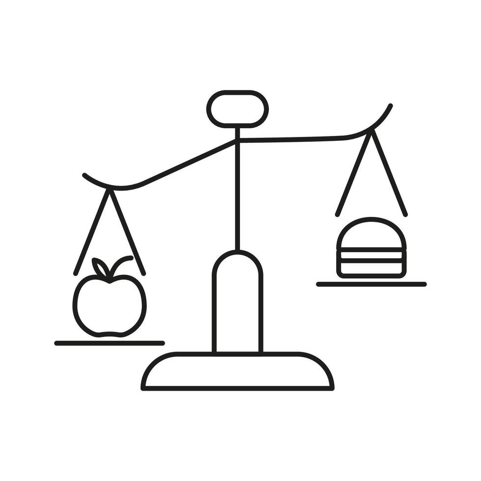 Weight Scale Line Icon with Balancing Apple And Burger Symbol of Healthy Eating Versus Unhealthy Diet. Isolated Illustration vector