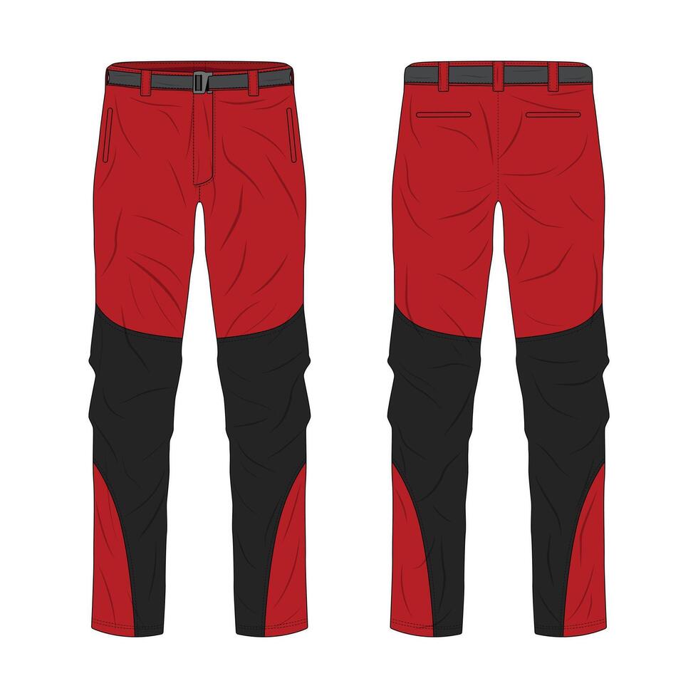 Red and black hiking pants mockup front and back view vector